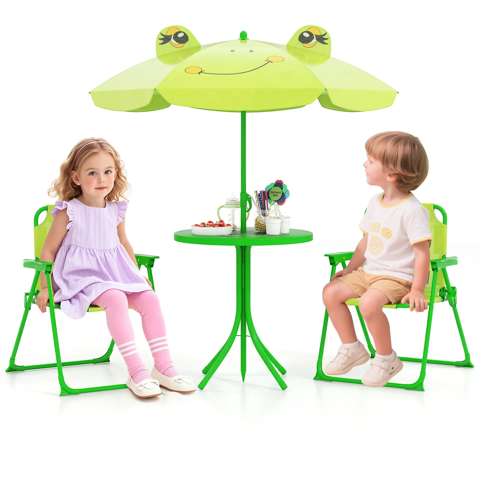 COSTWAY - 4 Pieces Kids Picnic Set with 2 Folding Chairs and Height Adjustable Umbrella-Light Green