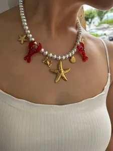 Fashionable New Glass Cartoon Lobster Metal Crab Starfish Pendant Bead Necklace Ocean Vacation Style Women's Jewelrys Modern Versatile Accessories Dainty Fashion Jewelry
