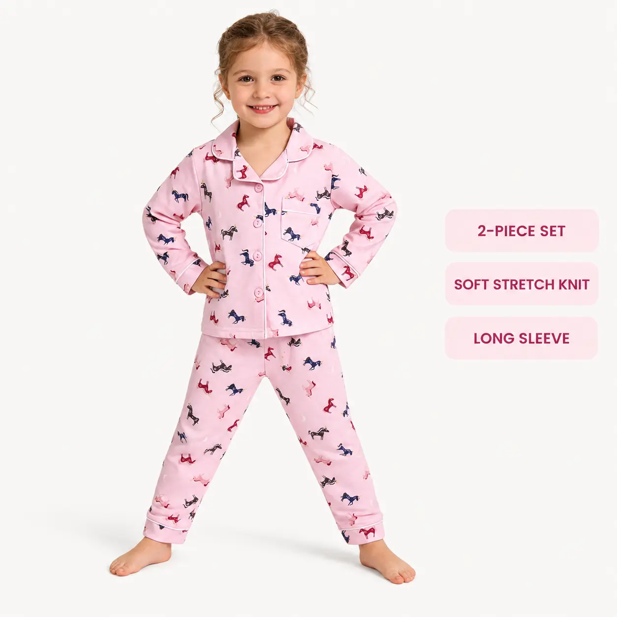 Girls' Cartoon Print Pajama Set, 2-Piece Long-Sleeve Button-Down Top & Pants, Soft Stretch Knit Sleepwear with Pockets, Ages 1-8, Kaka Here