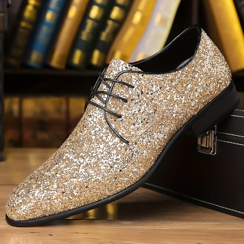 Sequin Pointed Toe Formal Dress Shoes, Lace-up Non-slip Comfortable Footwear for Wedding, Banquet and Party Occasions