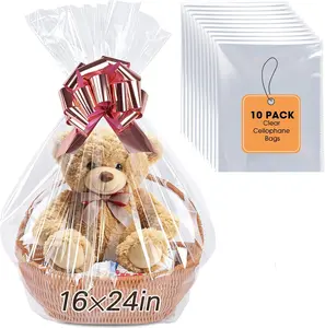 10 count Large Cellophane Bags, 16x24 Inches Clear Cellophane Wrap for  Baskets, Clear Basket Bags Packaging 2.8 Mil Thick