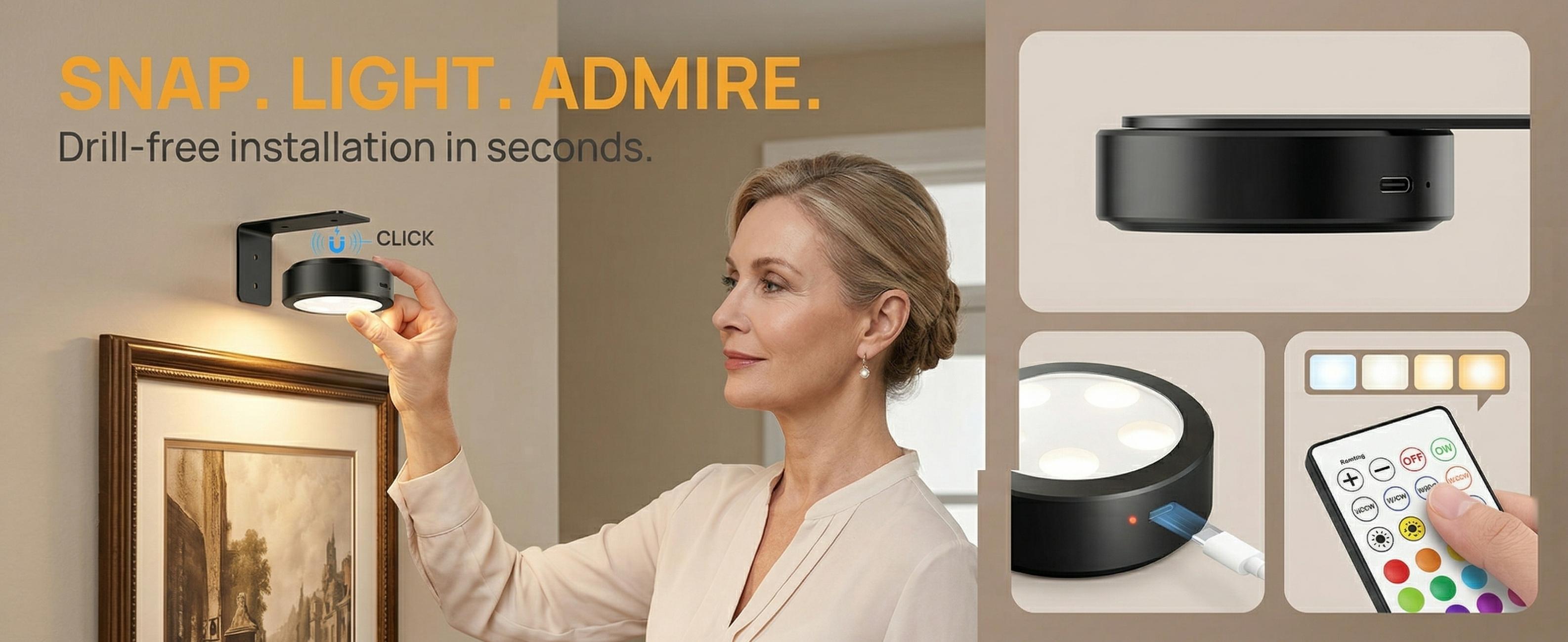 Picture Lights for Wall, 2000mAh Rechargeable Magnetic Poster Light, 3 Color Temps + 12 RGB, Remote & Timer, Art Display Lighting for Frame/Painting, Wall Decor (3 Pack) shower lamp LED