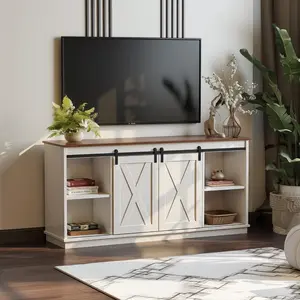 Living Room Console Table / TV Stand: Fits TVs Up to 65 Inches, with Sliding Barn Doors, Storage Cabinets and Media Shelves