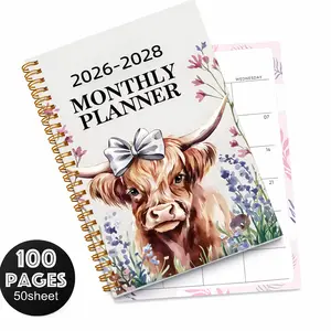 Planner Notebook Highland Cow Floral Three Year Weekly Monthly Planner for School Office Home and Gift Workbook Journal