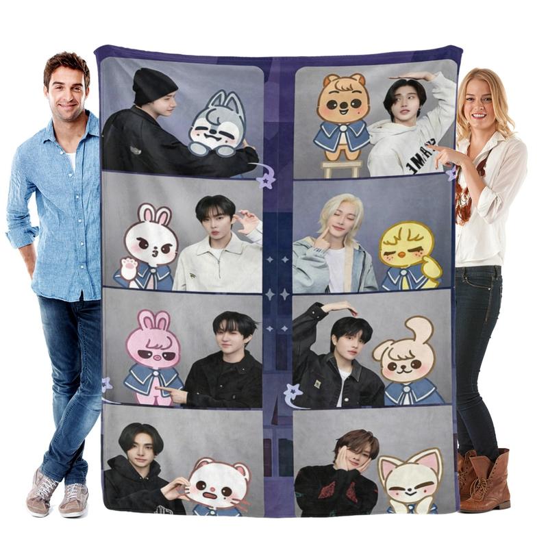 SKZ Idol Printed Blanket – Soft Flannel All-Season Throw with Cartoon Design, Cozy Bed, Sofa & Travel Blanket for Fans