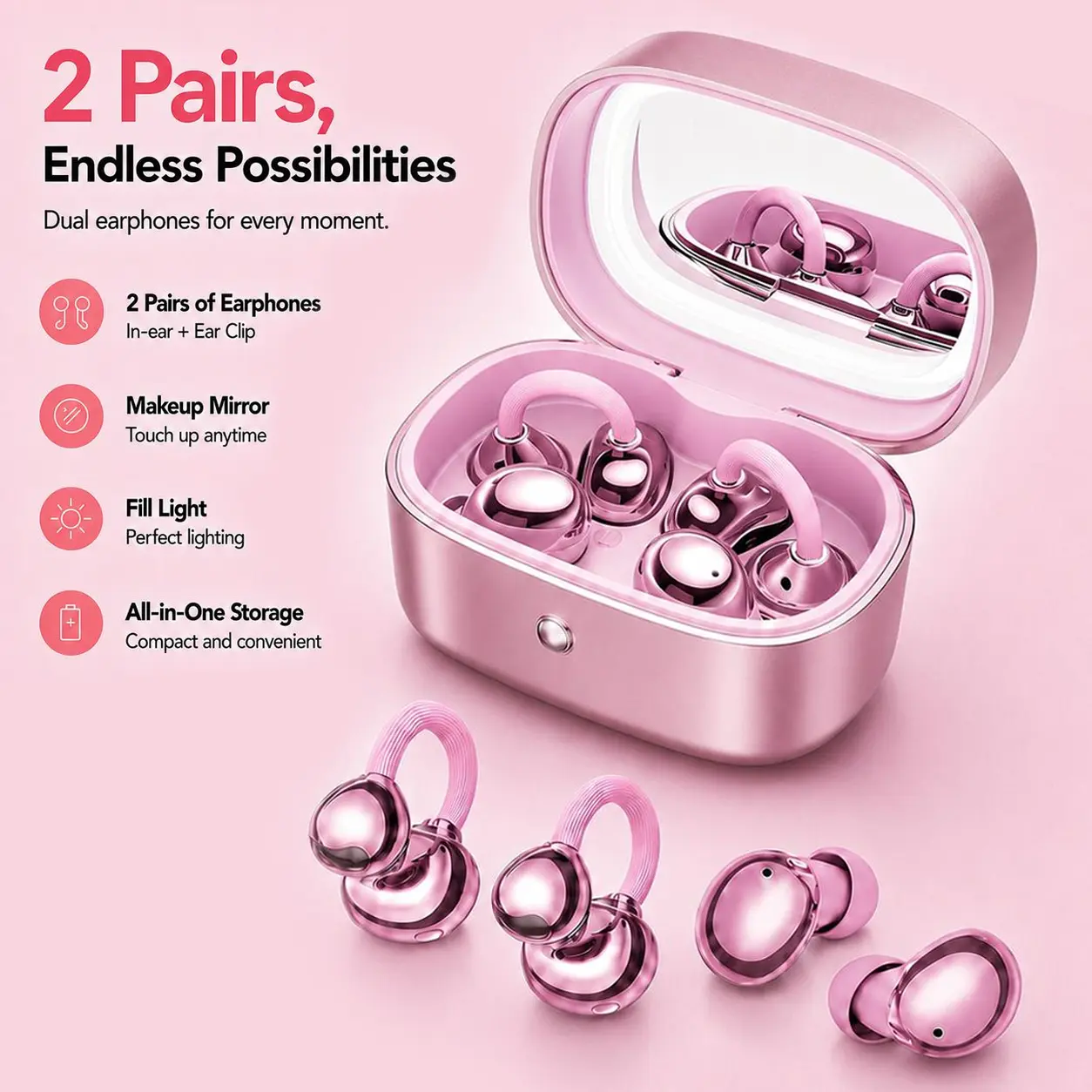 M195 2-in-1 Wireless Earbuds, One Case with In-Ear & Clip-On Earbuds, Beauty Mirror with Built-in Fill Light, Jewelry Box Design, Bluetooth 6.0, Hi-Fi Stereo Sound, IP67 Waterproof, Stylish Gift for Women & Girls, Compatible with Android & iOS