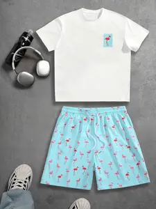 Men's Casual Ostrich Print Round Neck Tee + Versatile Drawstring Shorts Set, Summer Outdoor Beachwear, Fitted Short Sleeve Top