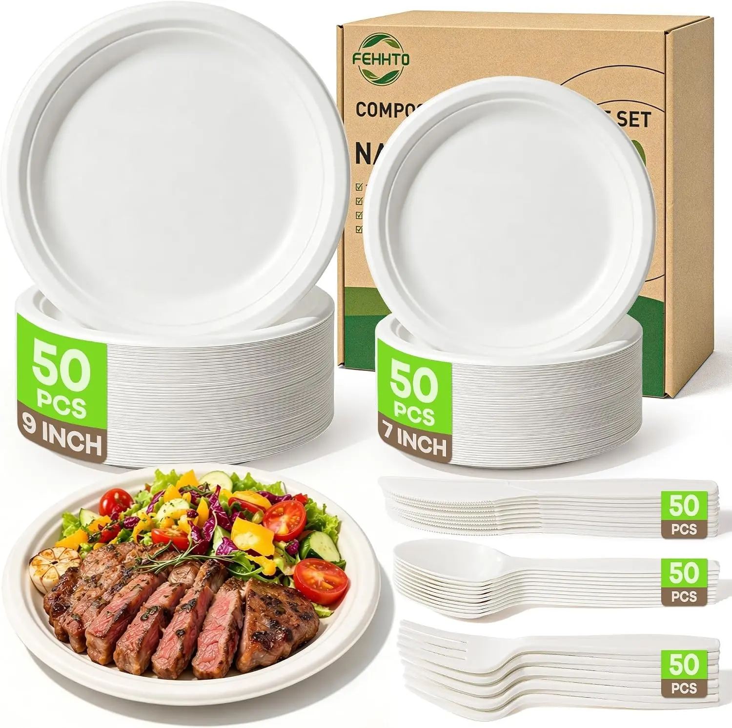 250PCS Disposable Paper Plates Set and Utensils, Compostable Dinnerware 9 and 7inch Plates, Biodegradable Paper Plates, Forks, Knives and Spoons for Party 50 People