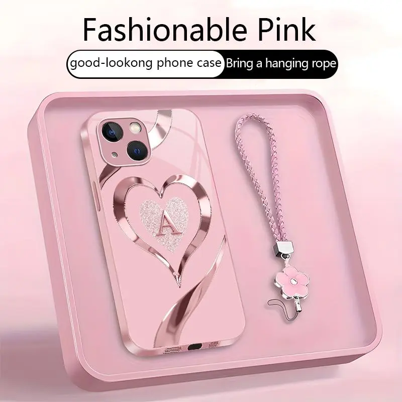 Suitable for [iPhone 15 ] Personalized A-Z Initial Rose Gold Heart Monogram Phone Case | Metallic Painted Glass Protective Cover with Pink Petal Wrist Strap | Shockproof Drop Protection, Anti-Scratch & Anti-Fingerprint -JS996