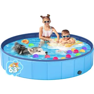 Portable  Pool PVC Pet Swimming Pool Bathtub Collapsible  Pool, Hard Plastic Pool for Pets to Swim and Bath (L-64"x 12" Blue)