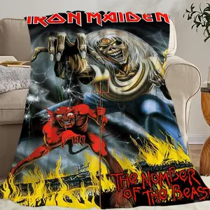 Iron Maidens Themed Throw Premium Plush Material Iconic Eddie Artwork Multi Scene Sofa Bedroom Office Use Luxuriously Warm Machine Washable Safe Ultimate Fan Collection Piece
