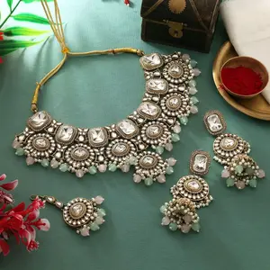 Classic Kundan Stones & Imitation Pearls Choker Necklace with Tikaa Earrings for Elegant Traditional Look Exquisite Jewelry Set