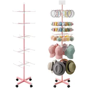 1 Pcs 5‑Tier Retail Display Stand – Rotating Display Rack with Wheels for Jewelry Keychains Socks Hats – Movable Shop Spinner for Craft Shows Vendor Events & Stores Accessories, Pink