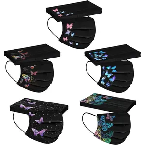 50Pcs Black Face Mask Adult Breathable Mask Butterfly Protective 3Ply Earloop Face Mask for Men Women