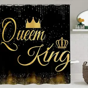 Queen and King letter pattern shower curtain set, non-slip mat, U-shaped rug, toilet seat cover, perfect for Bathroom Decoration Accessories, beautifies the space, includes 12 shower curtain hooks