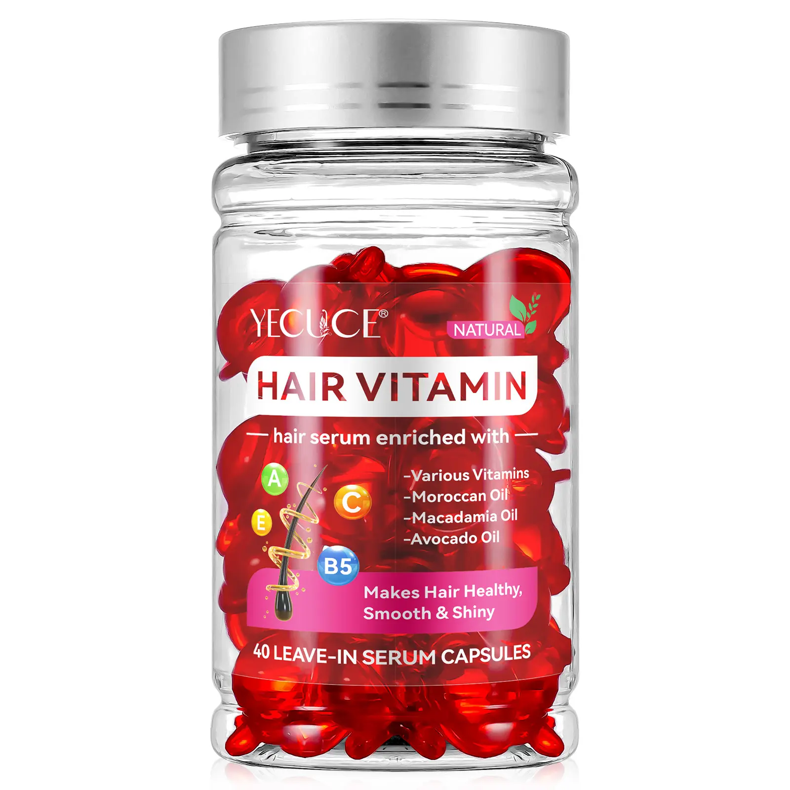 YECUCE Hair Vitamin Oil Capsules - No-Rinse Nourishing Treatment Serum with Argan, Macadamia & Avocado Oils, Vitamins A, E, Pro B5 for Dry Curly Hair - 40-Capsule Daily Natural Haircare Product