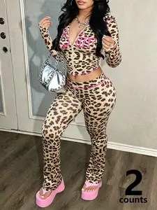 Women's Leopard Print 2-Piece Outfit, Long Sleeve Zip-Up Hoodie & Flare Leggings, Slim Fit Casual Streetwear Set