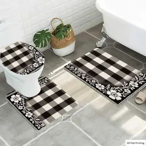 1/3Pcs Rustic Checkered with Floral Embellishments Bathroom Mat Set, Flannel Non Slip Bath Rug, Toilet U-Shape Mat, Toilet Lid Cover, Thickened Soft Absorb Water, Microfiber Surface Memory Foam Cushion, Home Bath