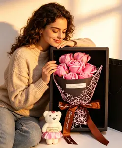 Romantic Valentine's Surprise Bouquet - Pink Rose Soap Flowers with Teddy Bear, Luxury Gift Box for Your Special One Valentine's Day Rose Bouquet Gift Box with Teddy Bear - Eternal Scented Soap Flowers for Her, Romantic Present for Girlfriend/Wife