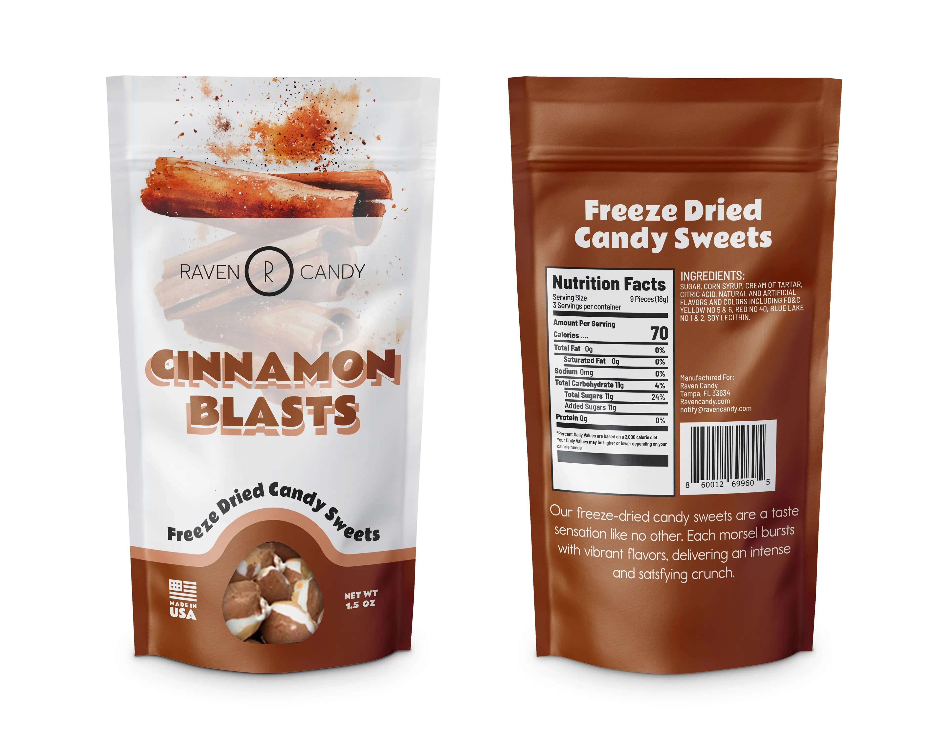 Raven Candy Cinnamon Blasts Freeze Dried Candy 1.5 oz Sugar Candies Snack Sweet Bonbon