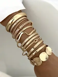 Exaggerated Leaf Polished Alloy Material Bracelet Set for Women, Irregular Stripe Open Design, 12 Piece Set, Cuff Bangle Set, Fashion Accessory, Striped Bracelet