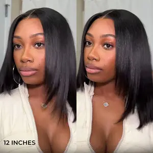 VSHOW Layered Cut Yaki Straight Bob Wig 9x6 T Part Lace Wear Go Glueless Human Hair Wigs 250% Density Pre Bleached Knots With Drawstring Deep Part Lace Wigs For Women