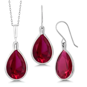 Gem Stone King 925 Sterling Silver Pear Shape Red Created Ruby Pendant and Earring Set For Women (28.86 Cttw, with 18 Inch Silver Chain)