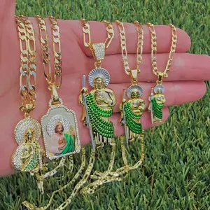 San Judas Tadeo Green Traditional Pendant and Chain 5 Designs Available for Men and Women