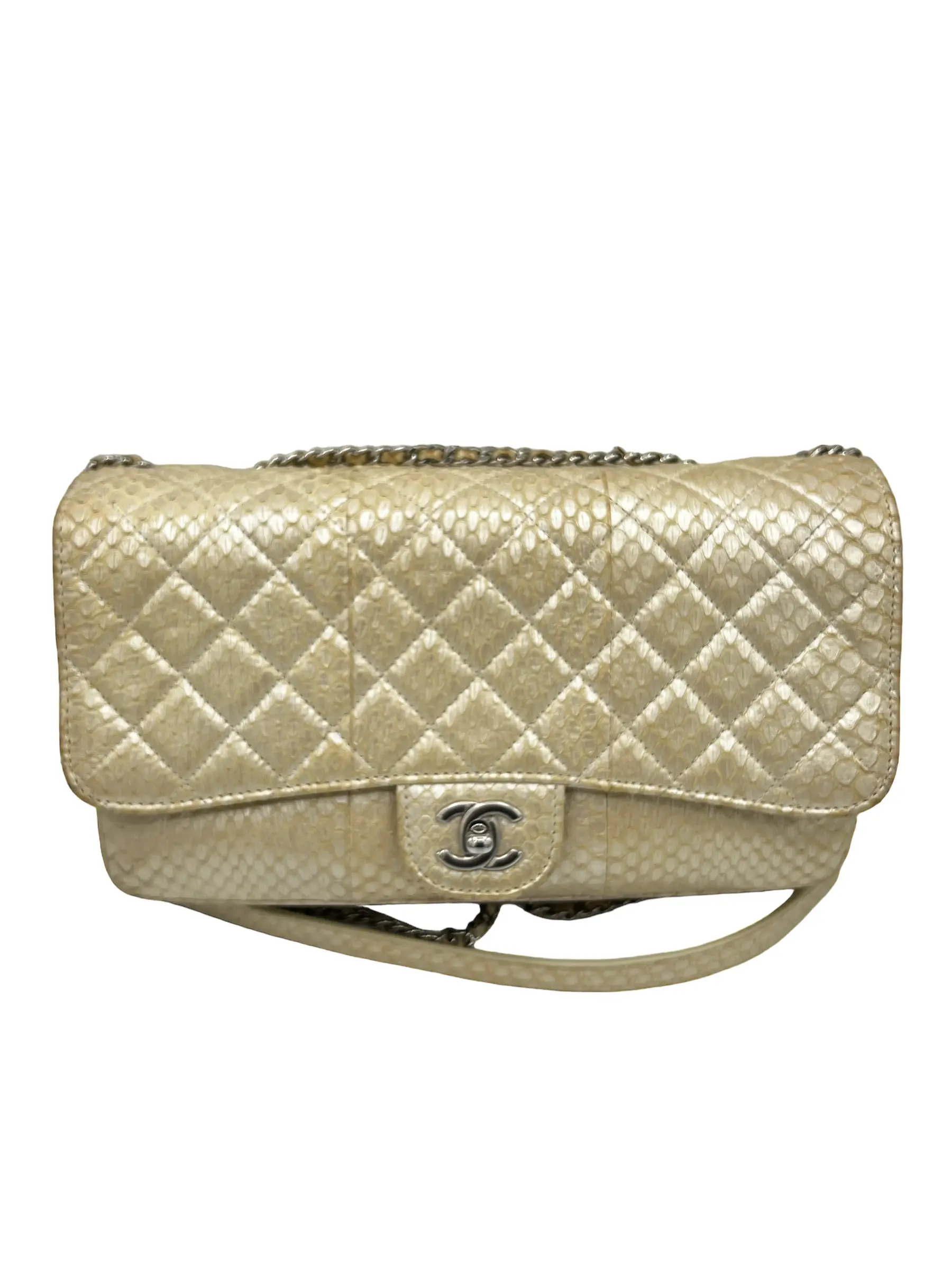 Pre-owned CHANEL Snakeskin Shoulder Bags LIGHT GOLD PYTHON IRIDESCENT QUILTED MEDIUM BAG