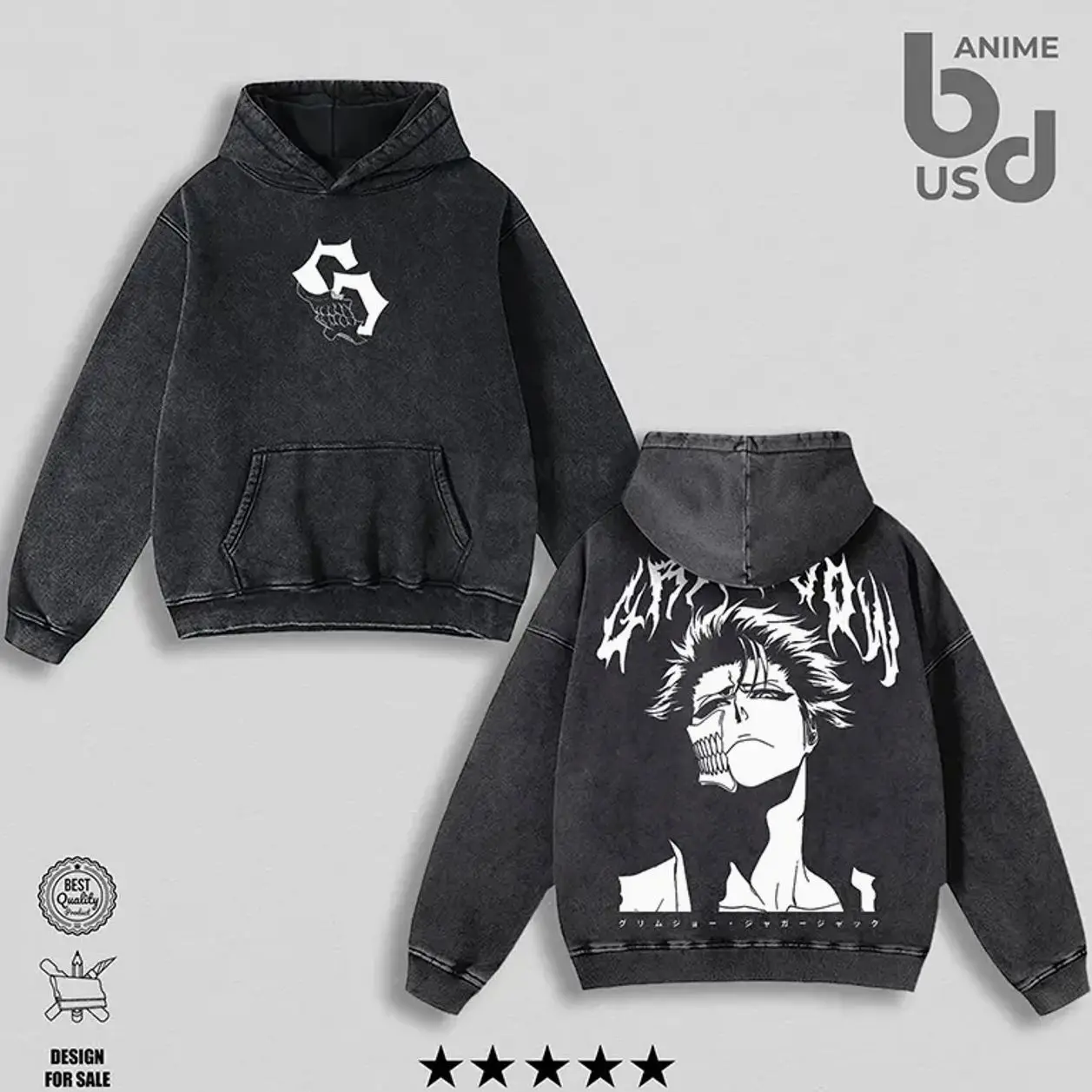 Grimmjow Jaegerjaquez Bleach Hoodie Wash – Double Printed Cool Style, Oversize Unisex Cotton, Retro 90s Graphic Tee, Streetwear, Menswear, Gift For Anime Fan P37 B60