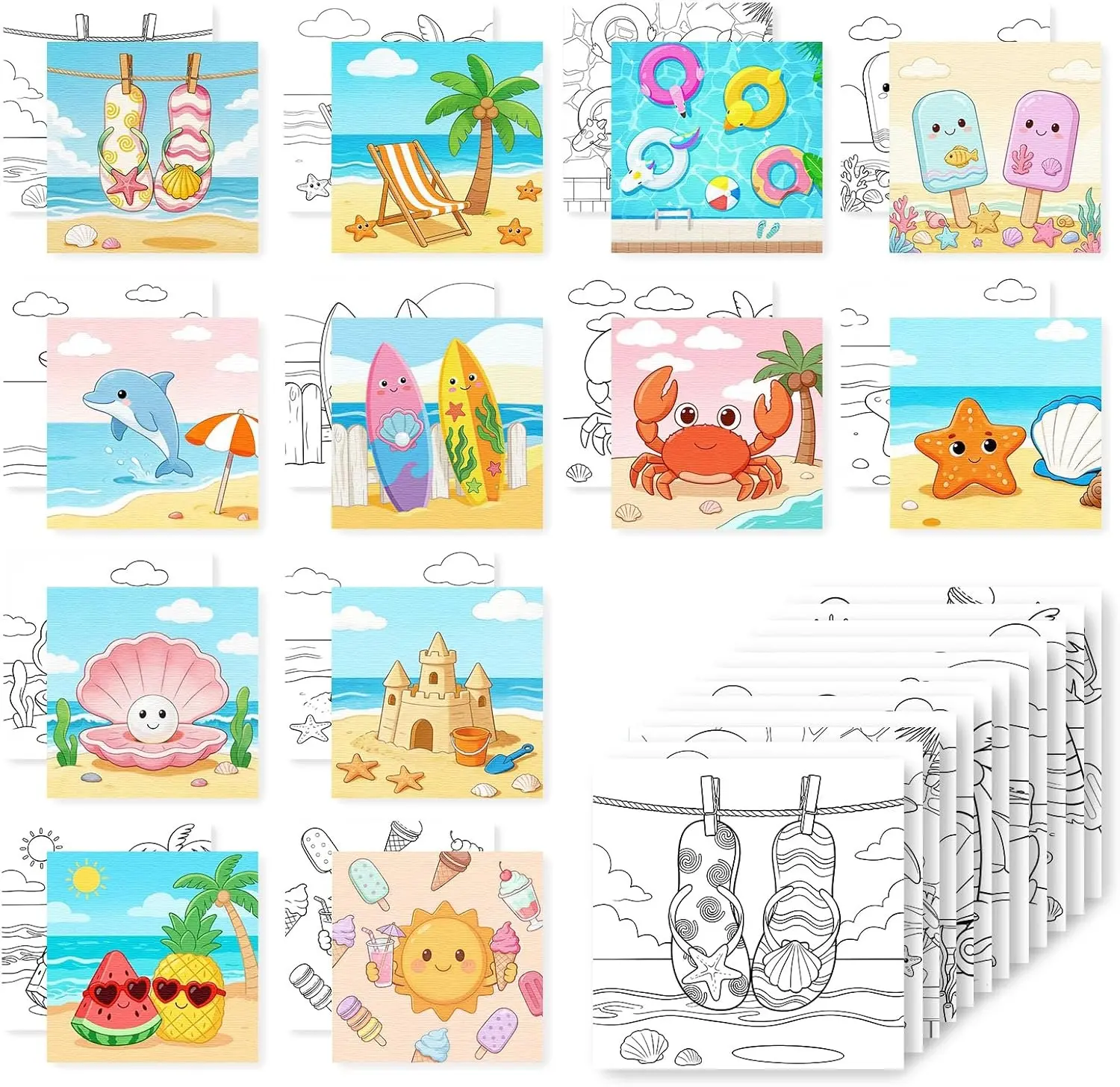 12 Packs Summer Pre Drawn Canvas to Paint, Ocean Pre Printed Canvas for Painting, Pre Stretched Canvas Outline Painting Boards for Beginners, Students, Party Favors 4 * 4inch
