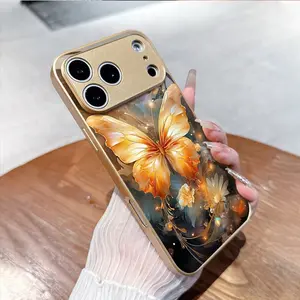 Gold Butterfly & Flower Wallpaper, Luxury Tempered Glass Case, Spring Style, Fits iPhone 17pro/17promax/air/17/16/15/14/13/12/11/x/XR/XS/8/7/plus Pro Max