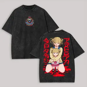 Men's Distressed My Hero Academia Himiko Toga Printed Vintage Round Neck Fitted Short-Sleeve Washed T-Shirt, Unisex Streetwear Casual Top