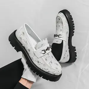 Men's Slip-On Loafers with Decorative Buckle - Upper & Rubber Sole, Low-Top White Casual Shoes for Nightclub, Office, or Casual Attire, Dressy Shoes, Embellished Sole, Durable Traction Footwear Boy Flat