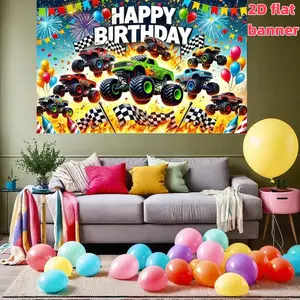 Monster Truck Birthday Banner, Polyester Material, Balloon and Flame Pattern, Large Party Decor, Home Office Decoration, Photo Background