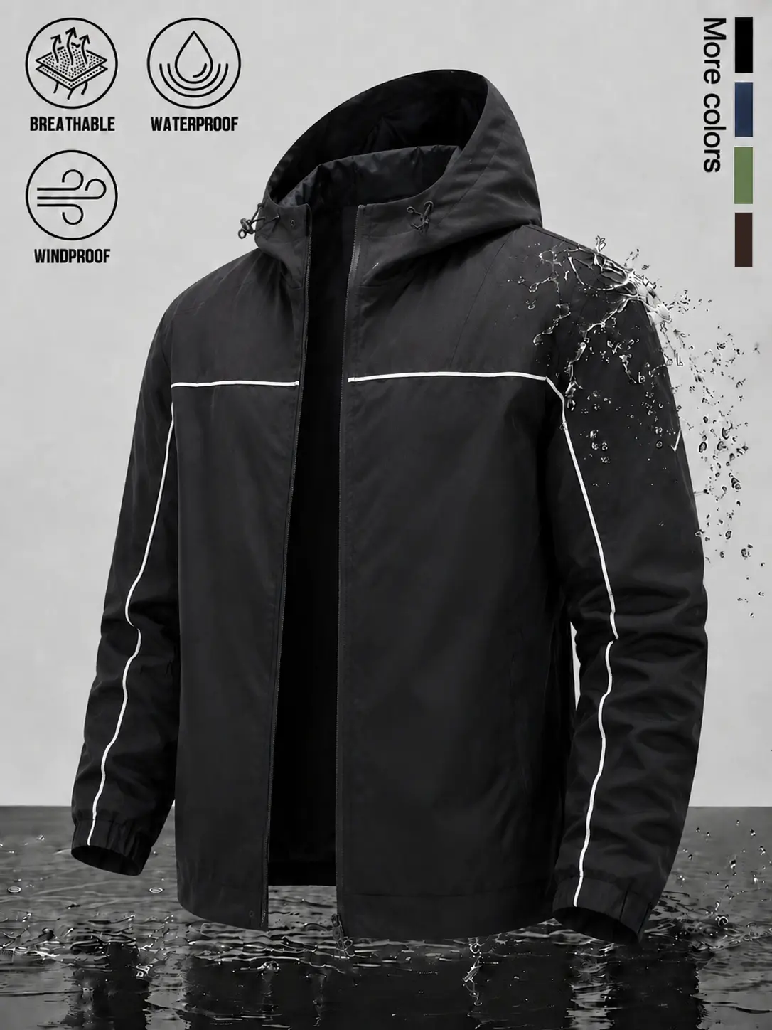 Men Zip‑Up Hooded Rain Windbreaker, Waterproof Windproof Breathable Fabric, Reflective Line Accent, Elastic Cuffs, Lightweight Outer Jacket for Jogging, Travel and Outdoor Commute