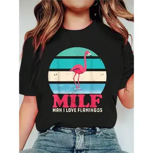 I Love Flamingos Vintage Print T-Shirt.Short Sleeve Crew Neck Casual Top For Summer&amp; Spring.Women's Clothing   Print Crew Neck Casual T-Shirt Short Sleeve Sports Top.Smart CasualStreet Style Women's Clothing graphic tees women crop tops summer outfits
