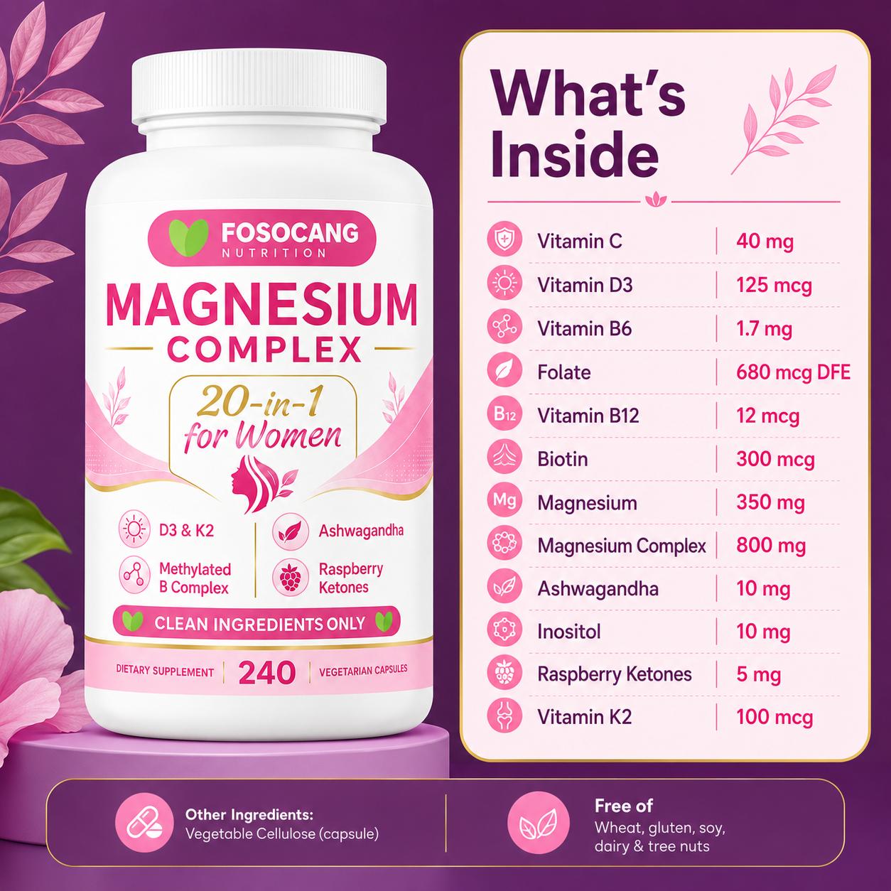FoSoCang Magnesium Complex for Women, 240 Vegetarian Capsules | 20-in-1 Formula - Magnesium Blend with Vitamin D3, K2, Ashwagandha & More | Filler Free, Non-GMO / Healthcare,Dietary,Supplement,Edible,Bathroom,Optimum,Fitness pene fits
