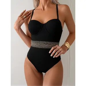 One-Piece Swimsuit with Black Metal Waist Chain, Slim-Fit And Figure-Flattering Jacquard Design with Underwire for Bust Enhancement, Suitable for Beach Vacations And Hot Springs