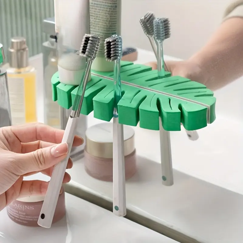 1pc Plastic Leaf Storage Rack, Wall Hanging Makeup Brush Organizer with Hanging Shelf, Bathroom Toothbrush Holder, No Assembly Required, Shelves