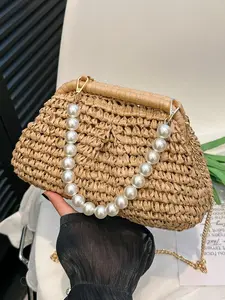 2026 New Farmhouse Vacation Style Straw Beach Bag, Beaded Detailing Underarm Bag Unique Design Shoulder Bag, Forest Style Straw Shoulder Crossbody Bag, Bead Bags, Straw Boho Bag