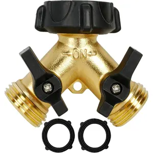 Brass Garden Hose Splitter 2 Way, 3/4 Inch Hose Connector Tap Splitter, Hose Y Splitter, Hose Spigot Adapter 2 Valves with Extra Rubber Washers