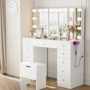 VOWNER Vanity with 10×Magnifying Mirror, With Glass Top & Power Outlet, 3 Color Light Options, 43" Vanity Table with 11 Drawers&Stool, Bedroom, White