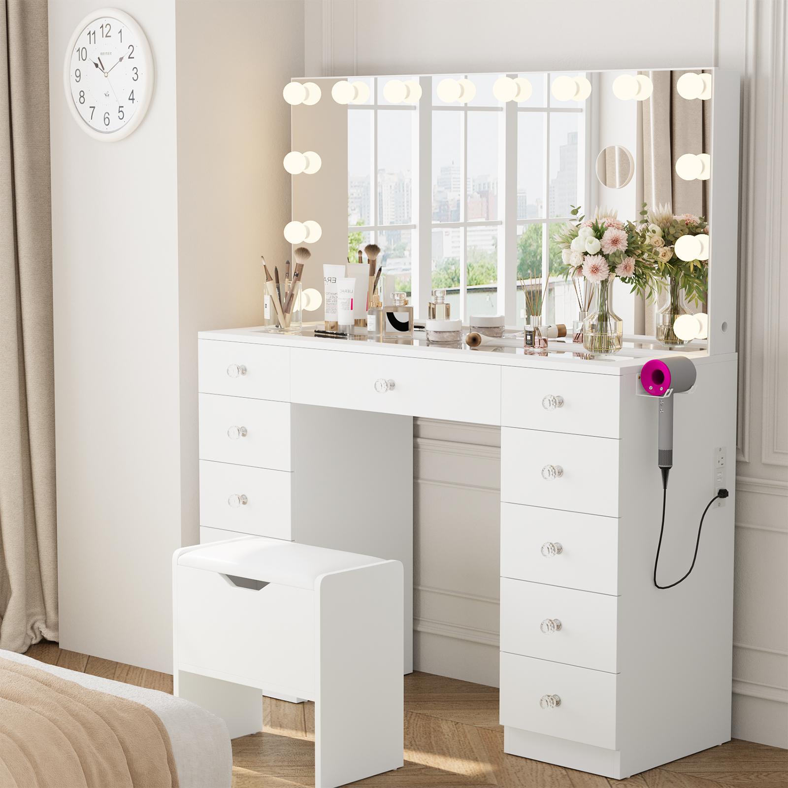VOWNER Vanity with 10Magnifying Mirror, With Glass Top & Power Outlet, 3 Color Light Options, 43" Vanity Table with 11 D