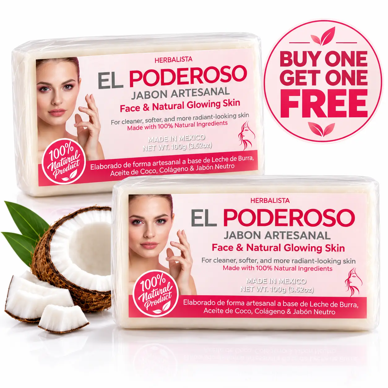 BOGO FREE - El Poderoso Handmade Artisanal Soap (2 x 100g/3.5oz Bars) - Soothing Facial Cleanser for Normal Skin Rejuvenation, Blemish & Acne Control, Cleansing Formula with Goat Milk, Coconut, Collagen, Donkey Milk - Made In Mexico
