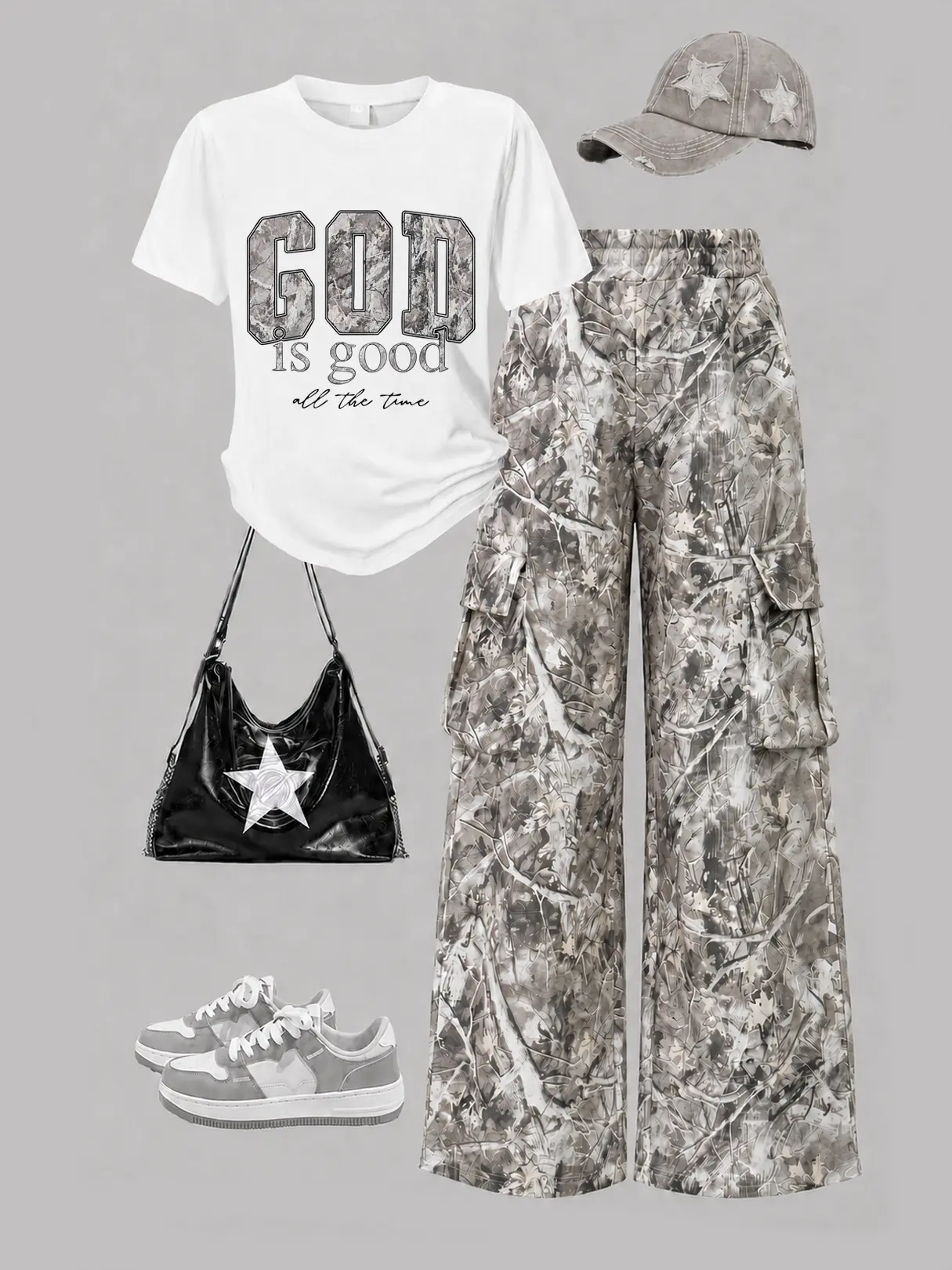 Teen Girls 2-Piece Y2K Streetwear Outfit, Faith Graphic T-Shirt & Printed Cargo Wide Leg Pants Set