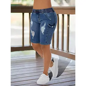 Women'sCasualBermudaDenimShorts-DistressedStreetStyleElasticWaistMid-LengthJortswithPockets,MachineWashableSummerJeansforWomen,JeansShorts,MediumStretchFabric