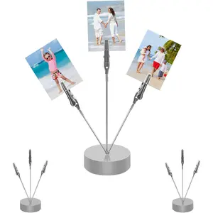 3 Pack 3-Branch Desktop Photo Tree Holder Stand with Clips, Round Base Memo Picture Gift Card Display Holder for Wedding Party Table Numbers, Silver