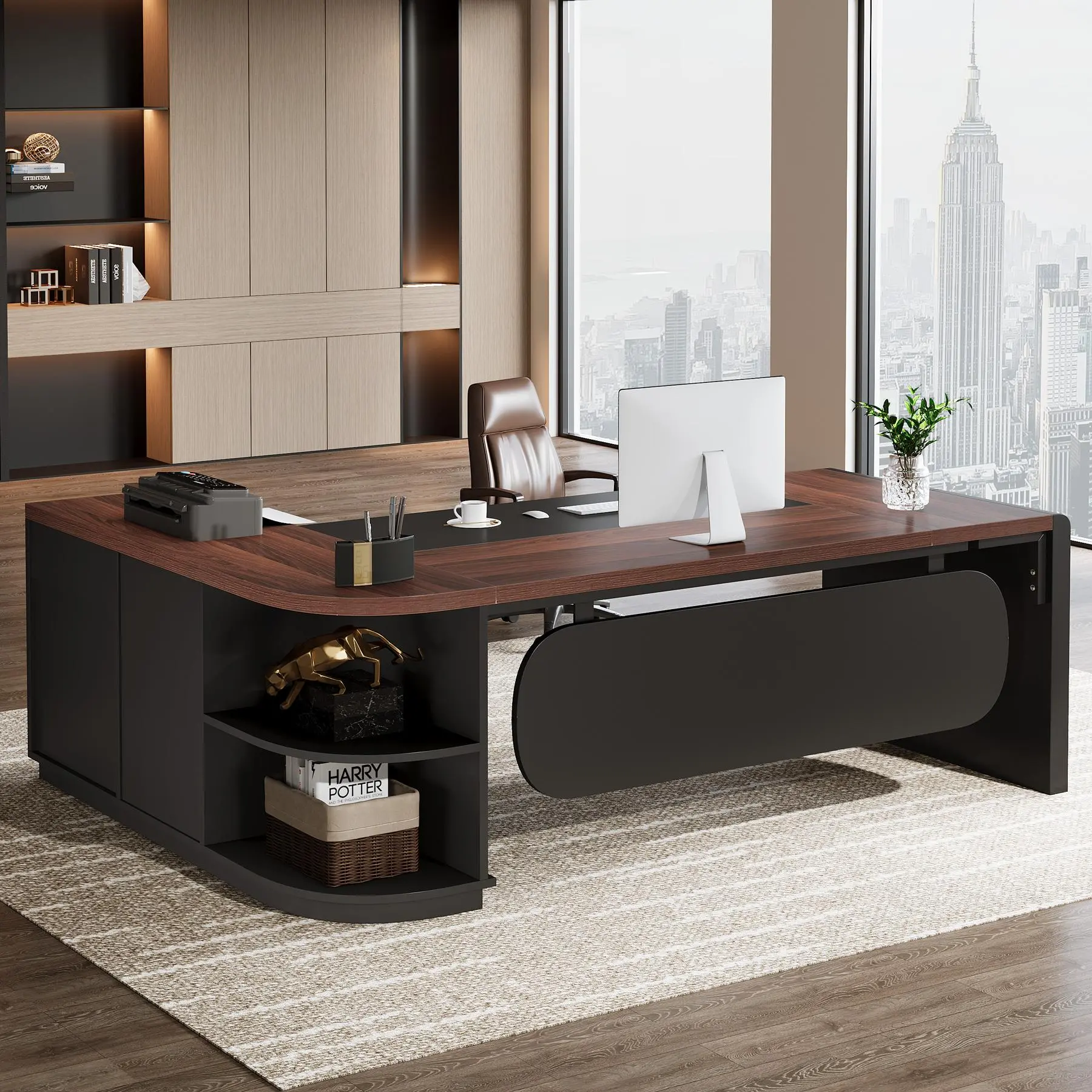 TRIBEWOOD 80in L-Shaped Comfortable and Sturdy MDF Wood Computer Desk - Wood Workstation with 55in Drawer Cabinet, Storage Shelves, 440 lb Capacity, Dual Monitor Corner Setup for Home Office Furniture