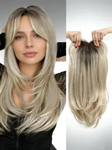 🔥 Instantly Fix Thinning Hair! Ombre Ash Blonde Layered Hair Topper with Bangs | Premium Kanekalon Synthetic | Clip-In for Natural Volume & Seamless Blend | Perfect for Daily Wear! Layered Cut Wig Synthetic Material Wigs
